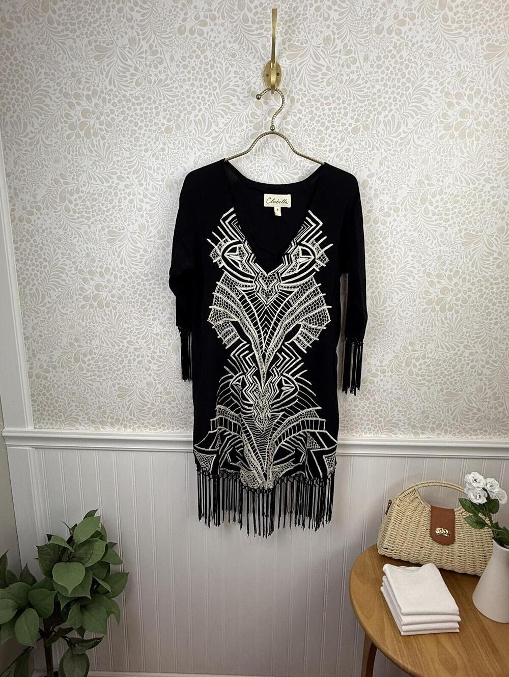 Cleobella Black & White Embroidered Fringe Tunic Cover-up Dress - Size - Small
